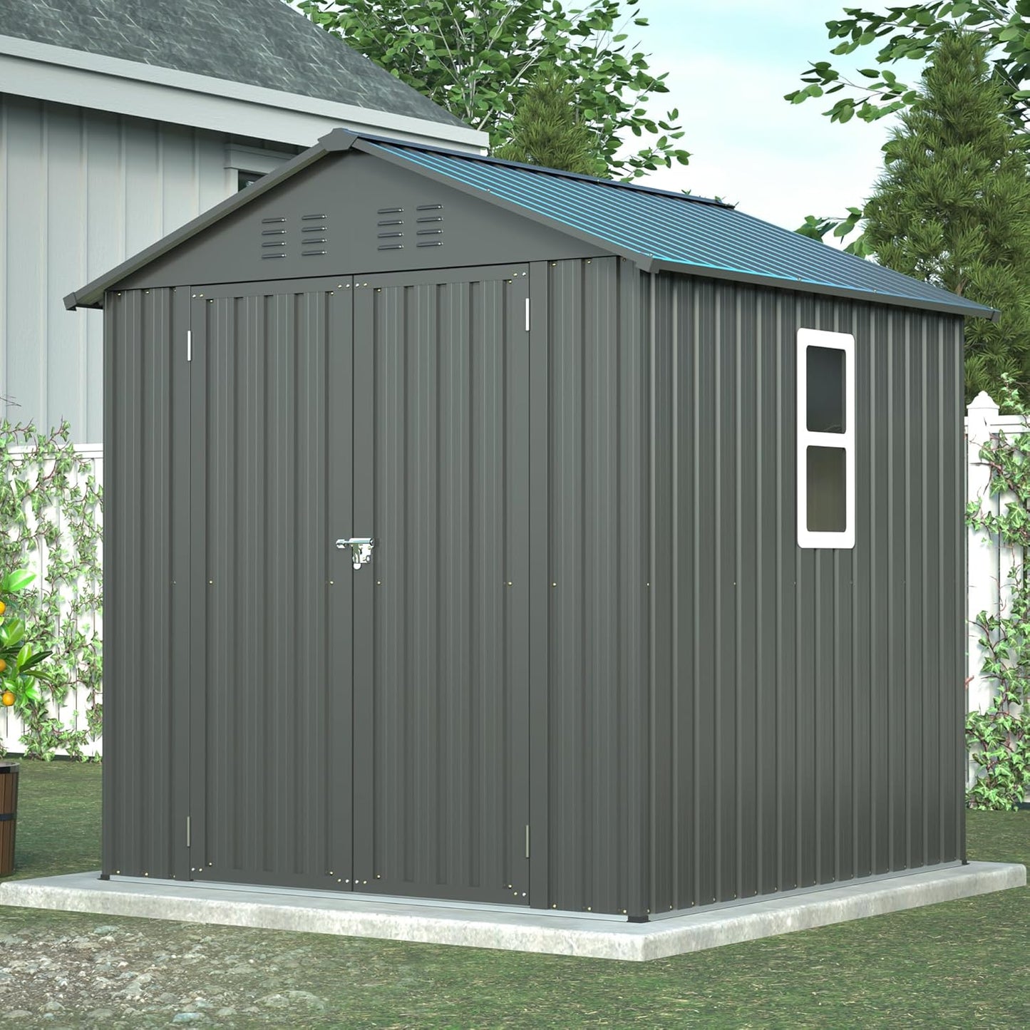 Outdoor Storage Shed, 6 X 6ft Metal Galvanized Steel Garden Shed with Floor Frame, Utility Tool Shed Storage House for Backyard, Patio, Lawn