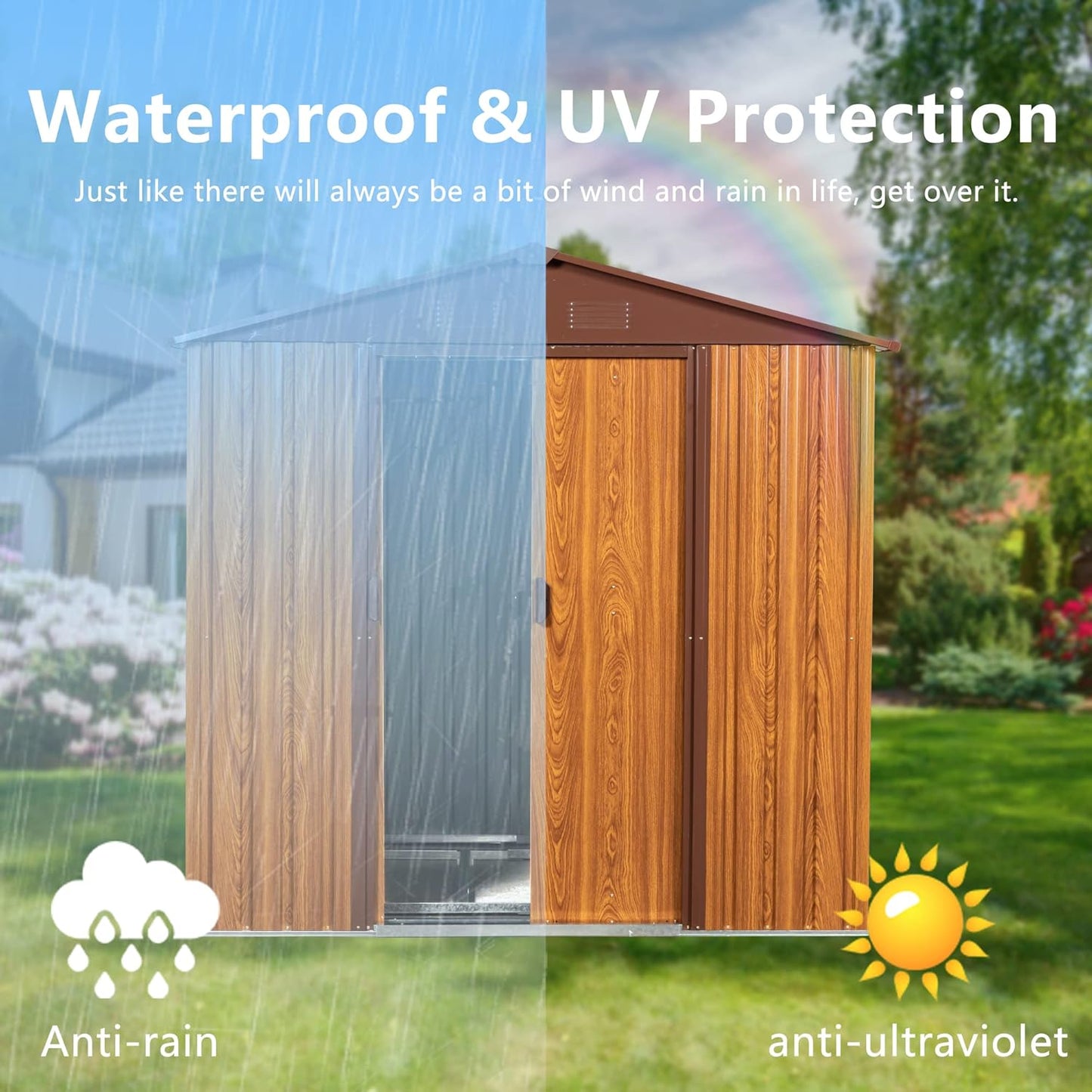 6x6 FT Outdoor Storage Shed, Metal Garden Shed with Frame Floor, Outside Tool Shed with Lockable Sliding Doors, Waterproof Storage Building with Sloped Roof for Backyard, Patio, Lawn, Coffee