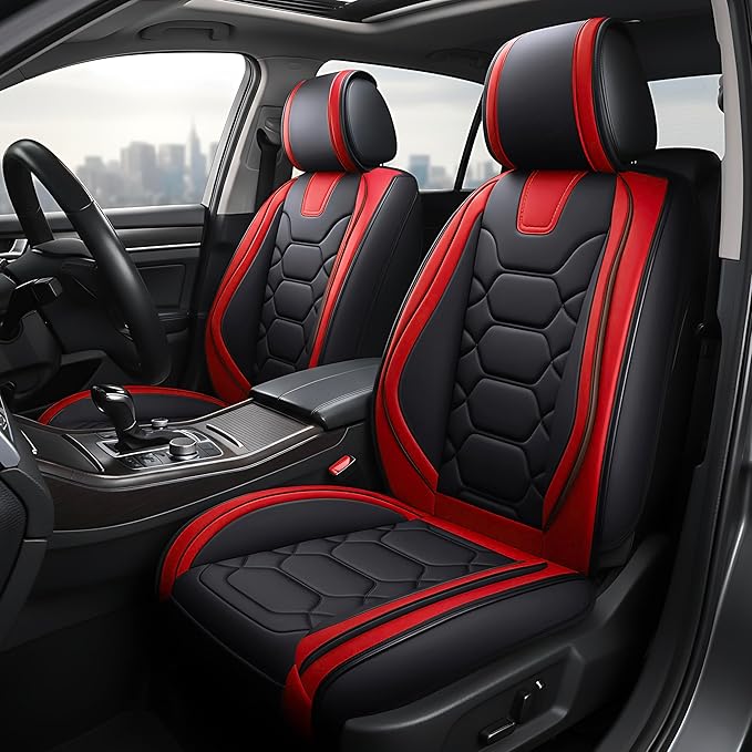 OASIS AUTO Car Seat Covers Front Seats, Waterproof Faux Leather Seat Covers for Cars Universal Fit for SUV, Truck, Sedan, Black Premium Car Seat Protector with Cushions