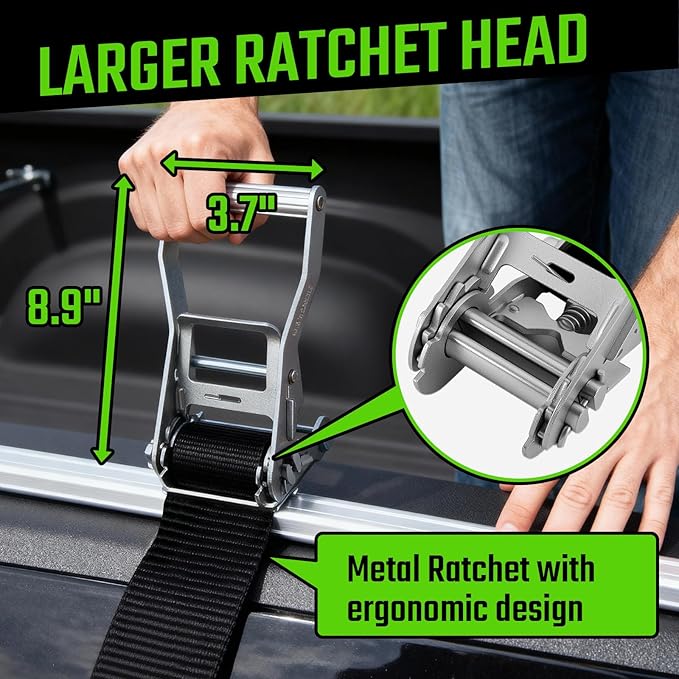 2" x20' Ratchet Straps with J Hooks - 10,000lb Break Strength/ 3,333lb Load Capacity Ratchet Tie Down Strap - Black Ratchet Straps Heavy Duty - Cargo Straps for Truck, Lawn Equipment, Car Roof-4 Pack