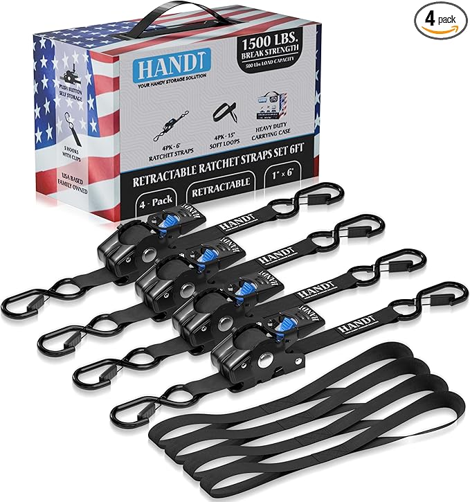 HandT USA Based Retractable Ratchet Straps (4PK) 1in x 6ft - 1,500lb Break Strength, Heavy Duty Automatic Ratchet Straps Self Retractable Tie Down, Push Button Retracting Truck Trailer Cargo | Black