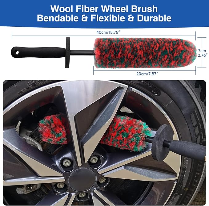 5 Pack Car Wheel and Tire Cleaner Brushes Kit Auto Motorcycle Rim Ultra Soft Microfiber Bendable No Spatter Woolies Bristle Cleaning Set (Red & Green)
