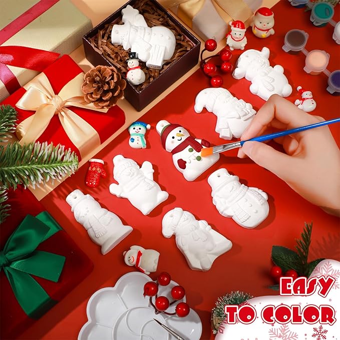 TecUnite 28 Pcs Ceramic to Paint Christmas Ornament Crafts Adults Unpainted DIY Ceramic Figurines Decorate and Paint Your Own Ornaments Kits DIY Craft Xmas Holiday Activities(Snowman)