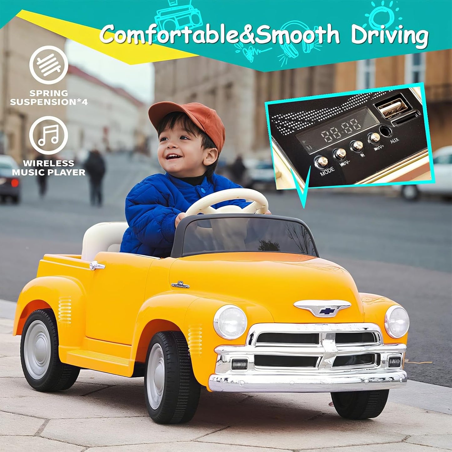 Joywhale 12V Kids Ride on Car Licensed Chevrolet 3100 Pickup Battery Powered Motorized Electric Car with 7AH Big Battery 2.4G Remote Control 3-Speeds Storage Space Music Retro Style, Yellow