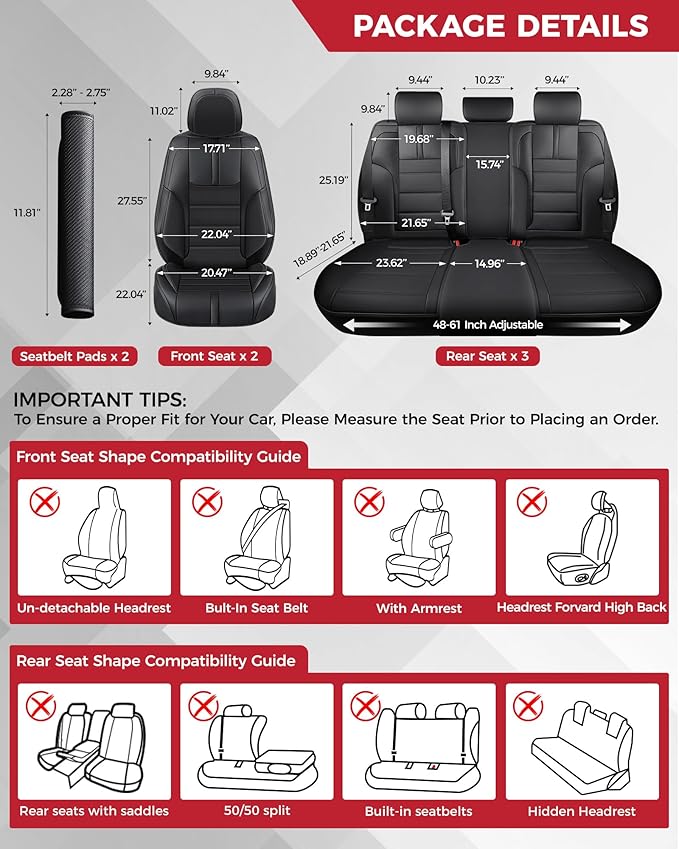 FREESOO Black Car Seat Covers Full Set - Faux Nappa Leather Seat Covers for Cars, with Front Seatbelt Pads, Waterproof Breathable Cushion Protectors Fit for Most 5 Seats Automative Sedans SUV Trucks