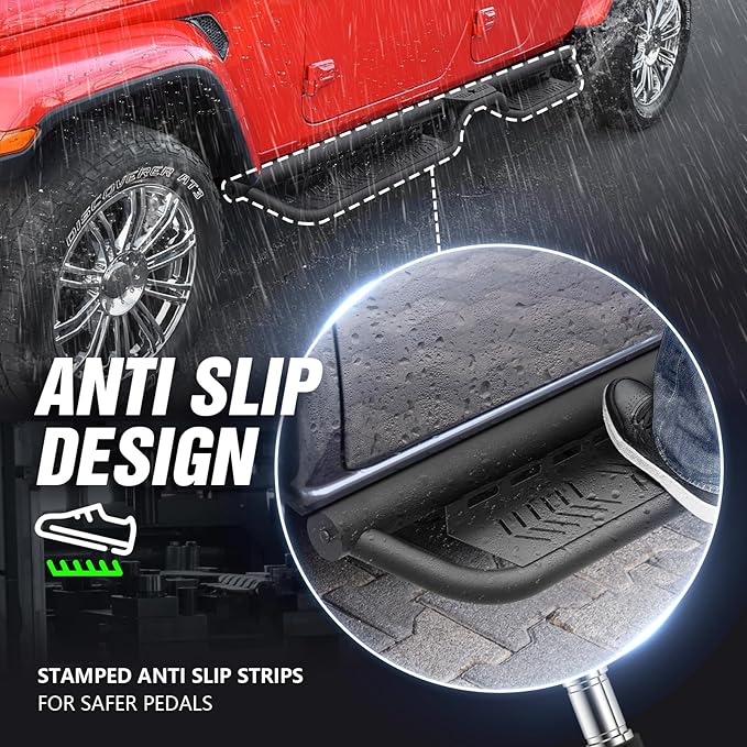 Running Boards Compatible with 2020-2026 Jeep Gladiator JT 4 Doors, Two Stairs Design Side Steps Heavy-Duty Steel Nerf Bars Bolt-on Step Plates RockSliders Rail. Black