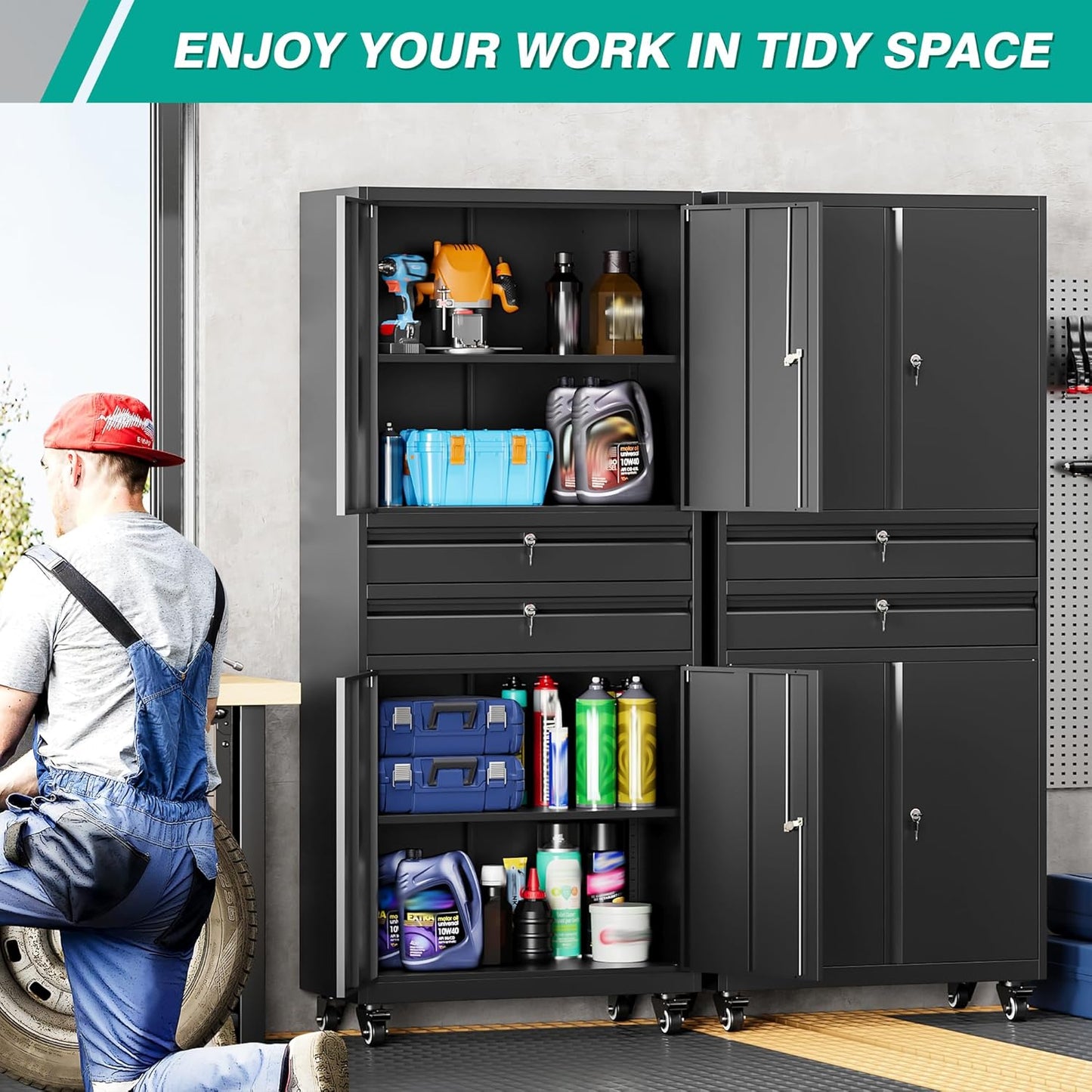 Metal Storage Cabinet with Wheels and Drawers,Rolling Garage Storage Cabinet with Locking Doors and Adjustable Shelves,73" Mobile Tall Large Metal Tool Cabinets with Locks for Home,Office,Garage