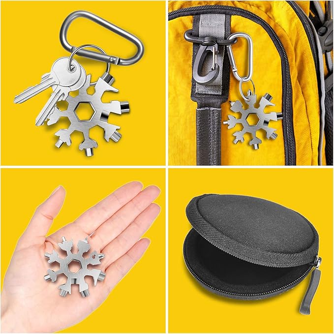 FZENeast Snowflake Multitool, 1 Piece 18-in-1 Stainless Steel Snowflake Standard Multitool, Snowflake Wrench with Key Ring, Carabiner Clip and Gift Bag (Silver)