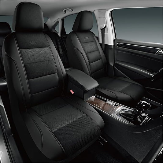 Skechers Aircooled & Memory Foam Car Seat Covers,Premium Leather with EVA Mesh Seat Covers, Front car seat Protector, Airbag Compatible, Automotive Comfort for Most Cars, Vans, Trucks, SUV,Black