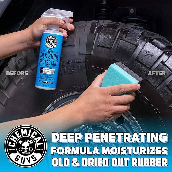 Chemical Guys Silk Shine Tire and Trim Dressing and Protectant – Non Greasy Spray for Vinyl, Plastic and Rubber Surfaces – Restores Shine and Protection for Cars, Trucks, Motorcycles and RVs, 16 oz
