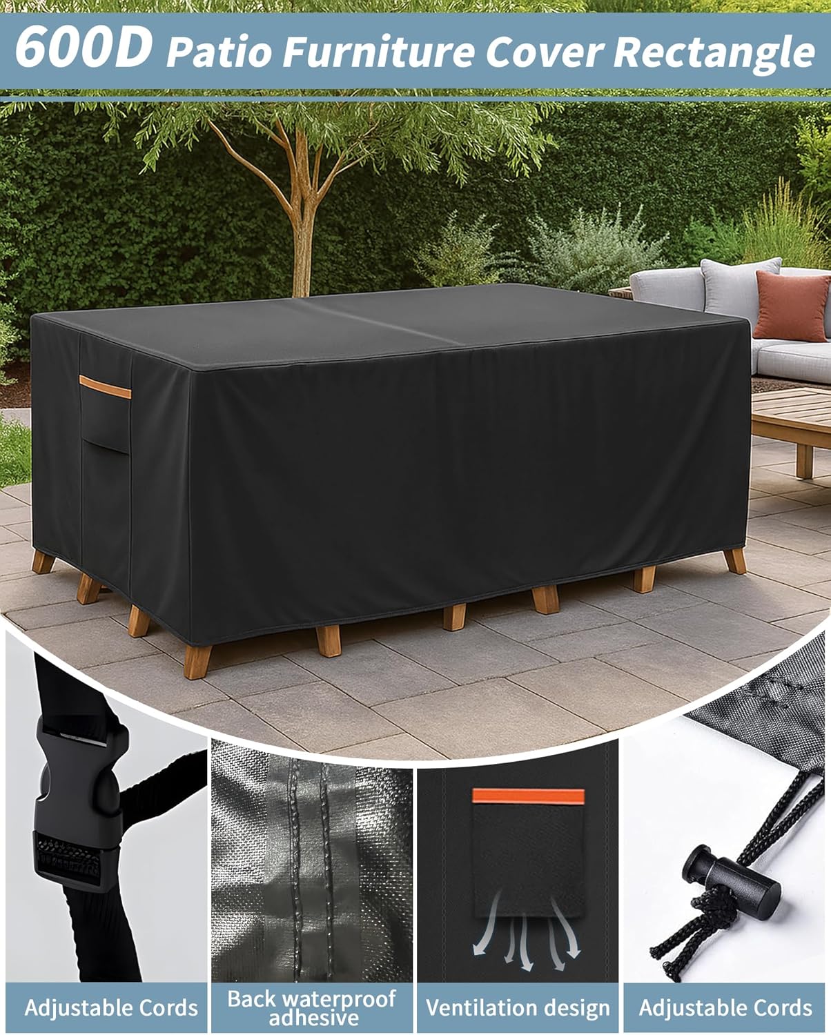 Outdoor Waterproof Furniture Cover, 126W x 74L x 28H inches Heavy Duty 600D Rectangular Table and Chair Set Protection, Black