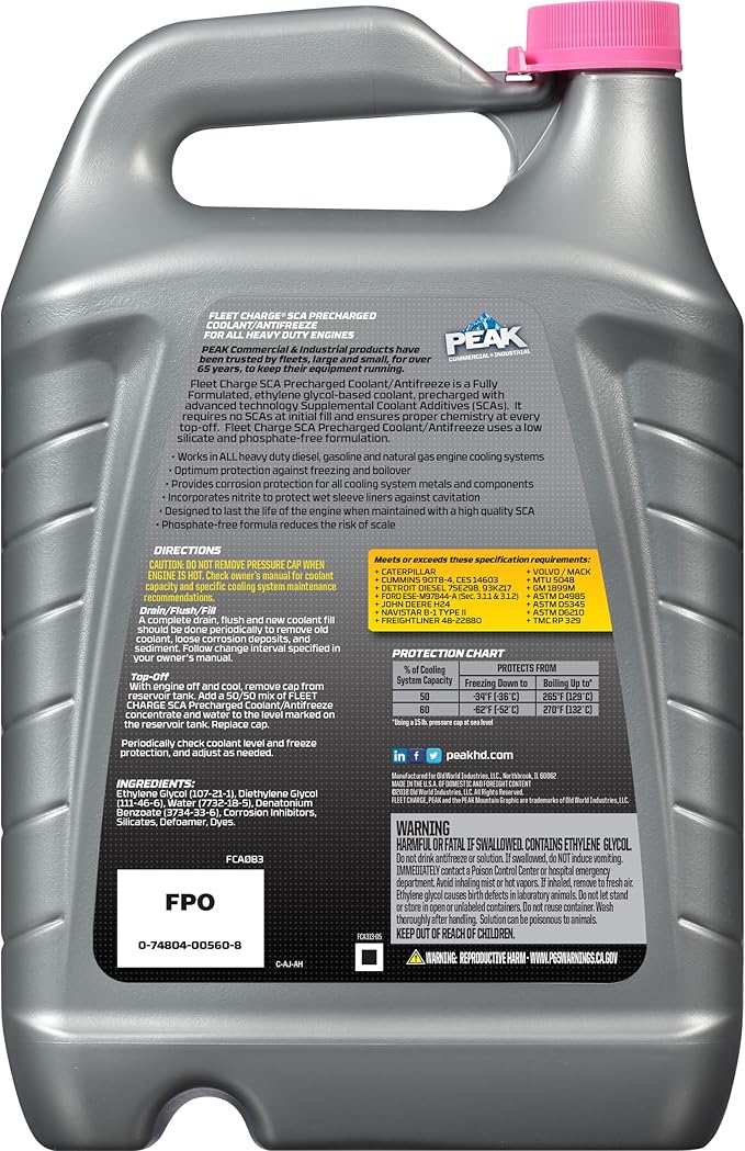 PEAK Fleet Charge SCA Precharged Concentrate Antifreeze and Coolant for All Heavy Duty Engine Cooling Systems, 1 Gal.