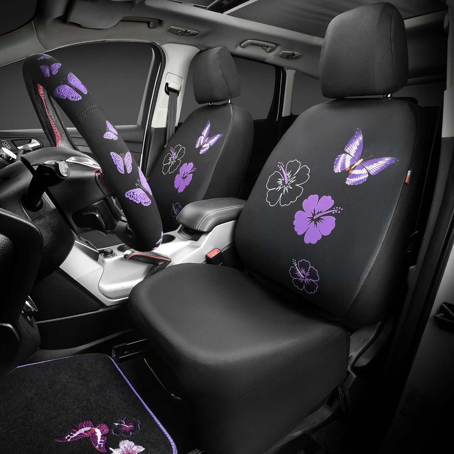 CAR PASS Universal Butterfly Car Seat Covers Front Set, Embroidered Flower Waterproof Car Floor Mats Carpet, Butterflies Steering Wheel Cover for Car Accessories Interior Sets (Black and Purple)