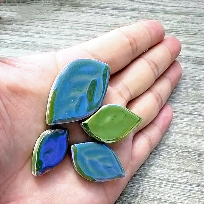 1.1LB Random Iridescent Leaves Ceramics Mosaic Tiles, Making Creative 3 Size Ceramic Mosaic Pieces for DIY Craft,Flowerpots, Vases, Cups, Garden Decor Mosaic Making Supplies (Deep Green)