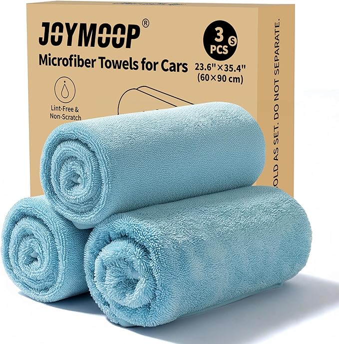 JOYMOOP Microfiber Towels for Cars, 3 Pack 35.4" x 23.6" Car Drying Towel, Blue Reusable Car Towel, Quick Drying Car Microfiber Cleaning Cloth for RVs, SUVs, Trucks