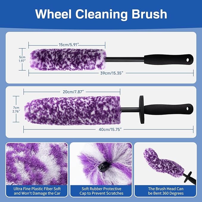 5 Pack Car Wheel and Tire Cleaner Brushes Kit Auto Motorcycle Rim Ultra Soft Microfiber No Spatter Bendable Woolies Bristle Cleaning Set (Purple & White)