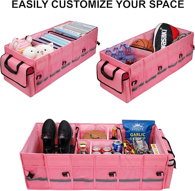 Car Trunk Organizer and Storage with Lid & Removable Leakproof Cooler Bag, Customized Space Pink Car Interior Accessories for Women Collapsible Large Trunk Organizers for Sendan SUV, Jeep, MPV, BMW