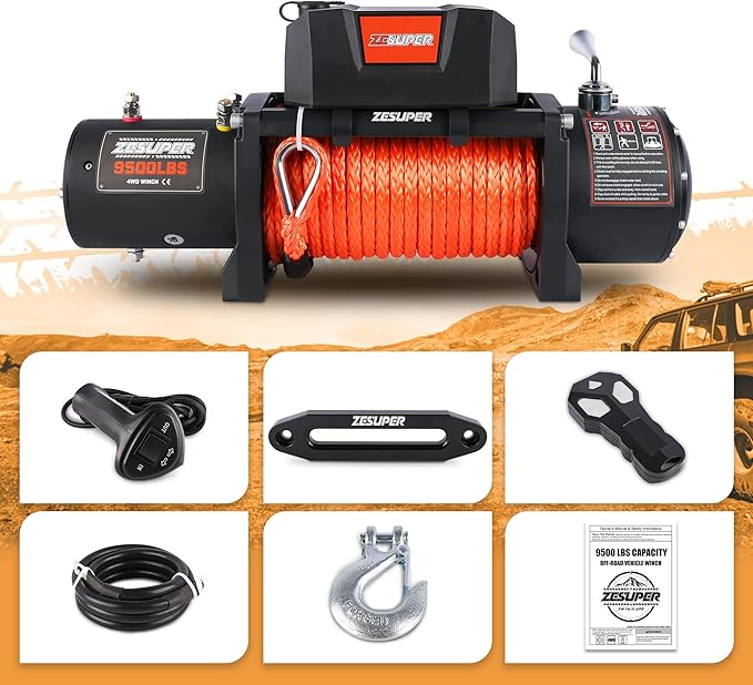 ZESUPER 9500 lb Load Capacity Electric Winch,12V Waterproof IP68 Winch with Wireless Handheld Remotes, Wired Switch,Hawse Fairlead, 80ft Synthetic Rope Winches for Jeep Trailer Truck Off-Road Vehicle
