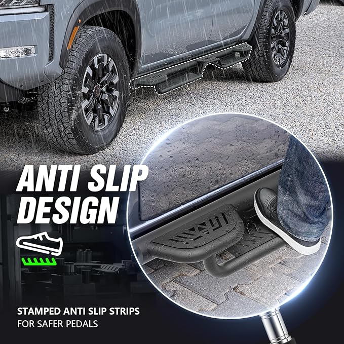 Three Raised Steps Running Boards Side Steps Compatible with 2005-2025 Nissan Frontier Crew Cab (4 Full Size Doors), Two Stairs Design Bolt-on Side Rails Step Nerf Bar (Black Powder Coated)