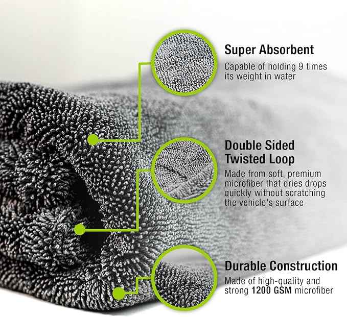 ExoForma Mega Car Drying Towel - Holds Up to 9 lbs, No Streaks, Scratches, or Water Spots | 1200 GSM Microfiber Double Twist Pile & Edgeless Design, 1 Quick & Effortless Dry - 24” x 36”