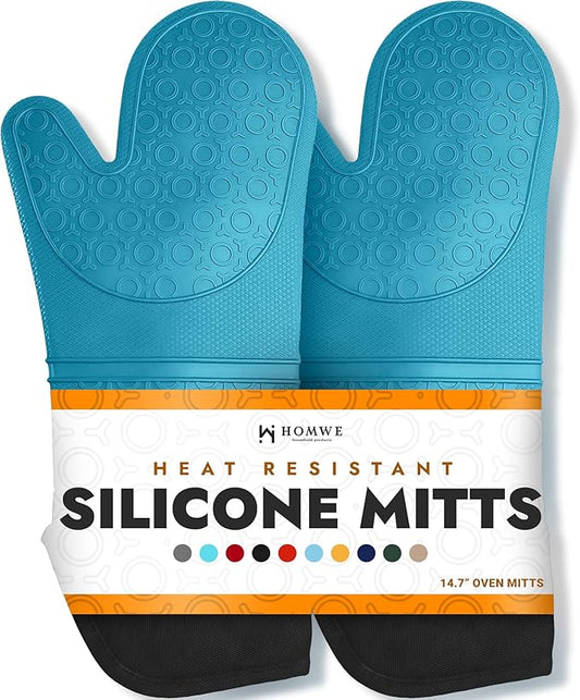 BPA-Free Soft Silicone Oven Mitts - Ultra Heat Resistant Oven Mitts with Thick Cotton Liner - Extra Long Slip Resistant Pot Holders, Flexible Oven Gloves - Aqua/Black 14.7"