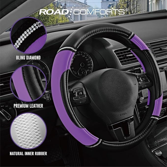 Road Comforts Leather Steering Wheel Cover - Made with PVC Leather - Anti-Slip, Universal Fit 14 1/2 inches to 15 inches - Purple