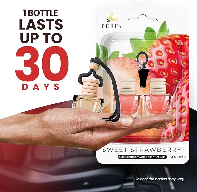 Car Air Fresheners for Women - Sweet Strawberry Fragrance | Pack of 2 Long Lasting Car Air Freshener | Odor Eliminator with Essential Oils | Car Air Freshener Vent Clip by Perfa