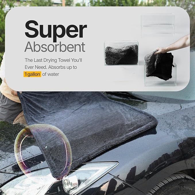 Crystal Clean 1300GSM Microfiber Towels for Cars – XL Drying Towel 2-Pack (24x36 & 12x12) with Double Twisted Loop, Professional Detailing Towel Car Detailers - Quick Dry, Paint Safe & Swirl-Free