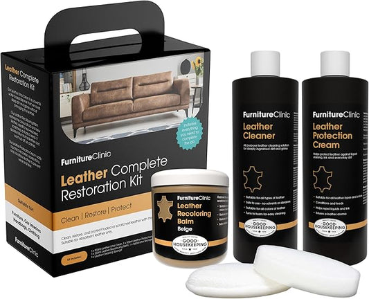 Furniture Clinic Leather Complete Restoration Kit | with Leather Recoloring Balm, Cleaner, 2-in-1 Protection Cream & Conditioner, Sponge, and Cloth | Repair Kit for Furniture (Beige)