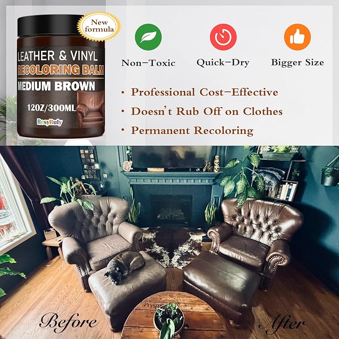 Leather Recoloring Balm Medium Brown Dye Vinyl Car Interior Leather Boat Seat Paint Furniture Couch Recliner Chair Boot Jacket Shoe Bag Purse Belt Color Restorer Fading Stain Scratch Remover Repair