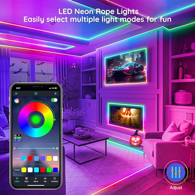 120Ft Led Rope Lights, Flexible Neon Lights Control with App/Remote, Multiple Modes, IP65 Outdoor RGB Waterproof, Music Sync Gaming Light Strip for Bedroom Decor