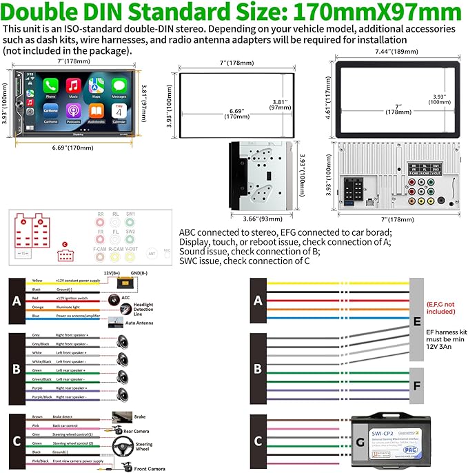 [QLED Screen Upgrade] 7" Double Din Car Stereo with Dash Cam, Wireless Apple CarPlay and Android Auto, Bluetooth 5.3, 240W 4.2-Channel Audio Output, MirrorLink, Backup Camera, AM/FM Car Radio