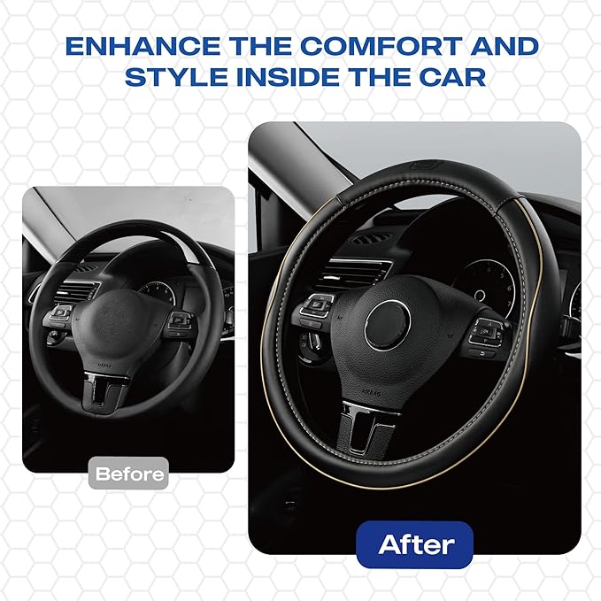 Skechers Memory Foam Steering Wheel Cover,Piping Microfiber Leather Steering Wheel Cover Sporty Universal Fit 14" 1/2-15" Car Wheel Protector for Men Women Fit Suvs,Vans,Sedans,Car,Trucks,Beige