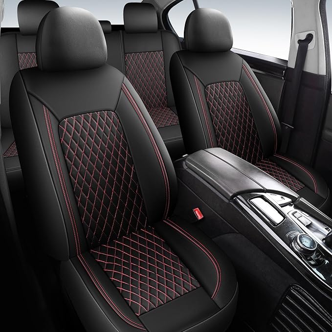 Leather Car Seat Covers,Breathable and Waterproof Seat Cover Full Set,PU Premium Universal Fit Automotive Airbag Compatible for Cars Sedans SUVs Vans and Trucks(Full Seat,Black+Redline,N1)