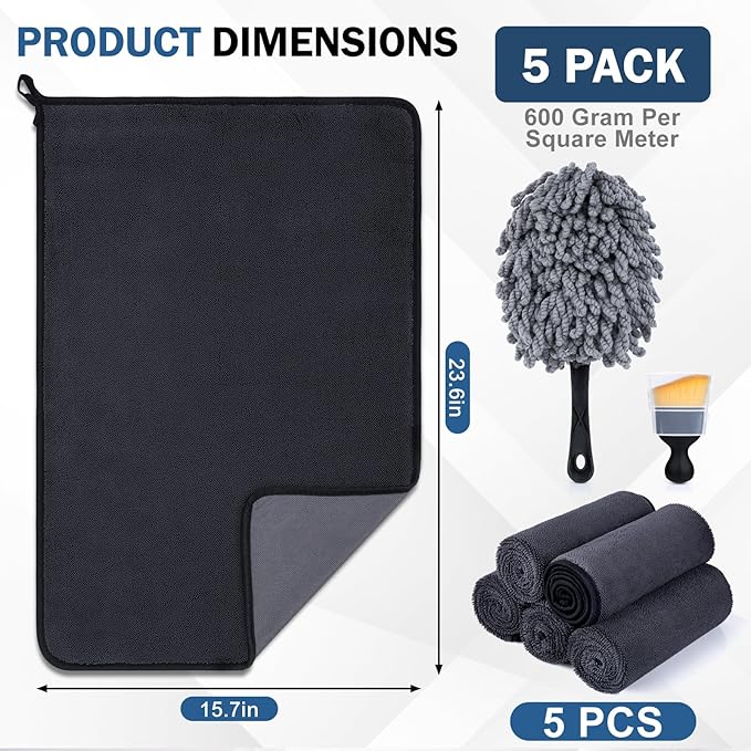 Navona 5-Pack 600GSM Professional Microfiber Car Drying Towels - Ultra Absorbent, Scratch-Free, Lint-Free (23.6" x 15.7") for Auto Detailing & Car Wash and Household Use.