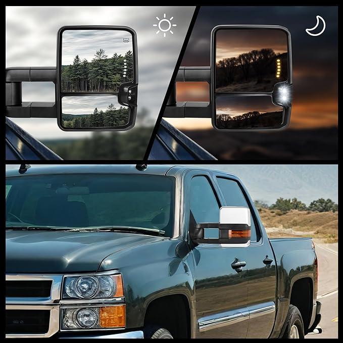 DWVO Towing Mirrors Compatible with 03-06 Silverado GMC Tahoe Sierra Suburban Avalanche, 03-06 Yukon XL Denali Escalade, LED Arrow Turn Signal Chrome Heated Adjustable Power