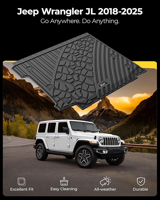 3W Cargo Mat Fit for Jeep Wrangler JL with SUBWOOFER 2018-2024 2025 All Weather Custom Fit Trunk Liner for JL Unlimited 4-Door Sahara Willys Rubicon(Non JK or 4XE) Black