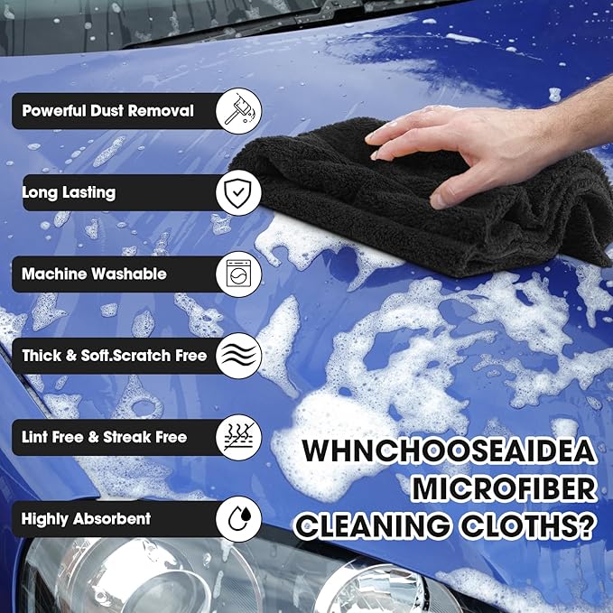 Shimeyao 30 Pcs Edgeless Microfiber Plush Towels for Cars Detailing Drying Wash Polishing Absorbent Cleaning Cloths, 500 GSM, 16 x 16 Inch(16 x 16 Inch,Black,30 Pcs)
