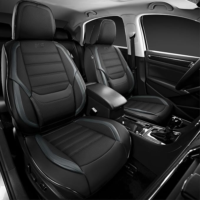 Skechers MAX Cushioning Seat Covers,Memory Foam Leather Car Seat Covers,Waterproof Car Seat Protector Front Seats,Car Seat Cushion Airbag Automotive Universal Fit for Most Cars,Vans,Trucks,SUV,Grey