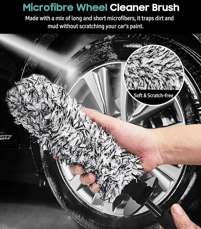 YeewayVeh 3PCS Wheel Cleaning Brush, Microfiber Flat Wheel Rim Cleaner Brush with 2 Extra Replaceable Cover, Car Cleaning Brush Kit for Wheels Tire Fenders Engine Exhaust Tips, Black&White