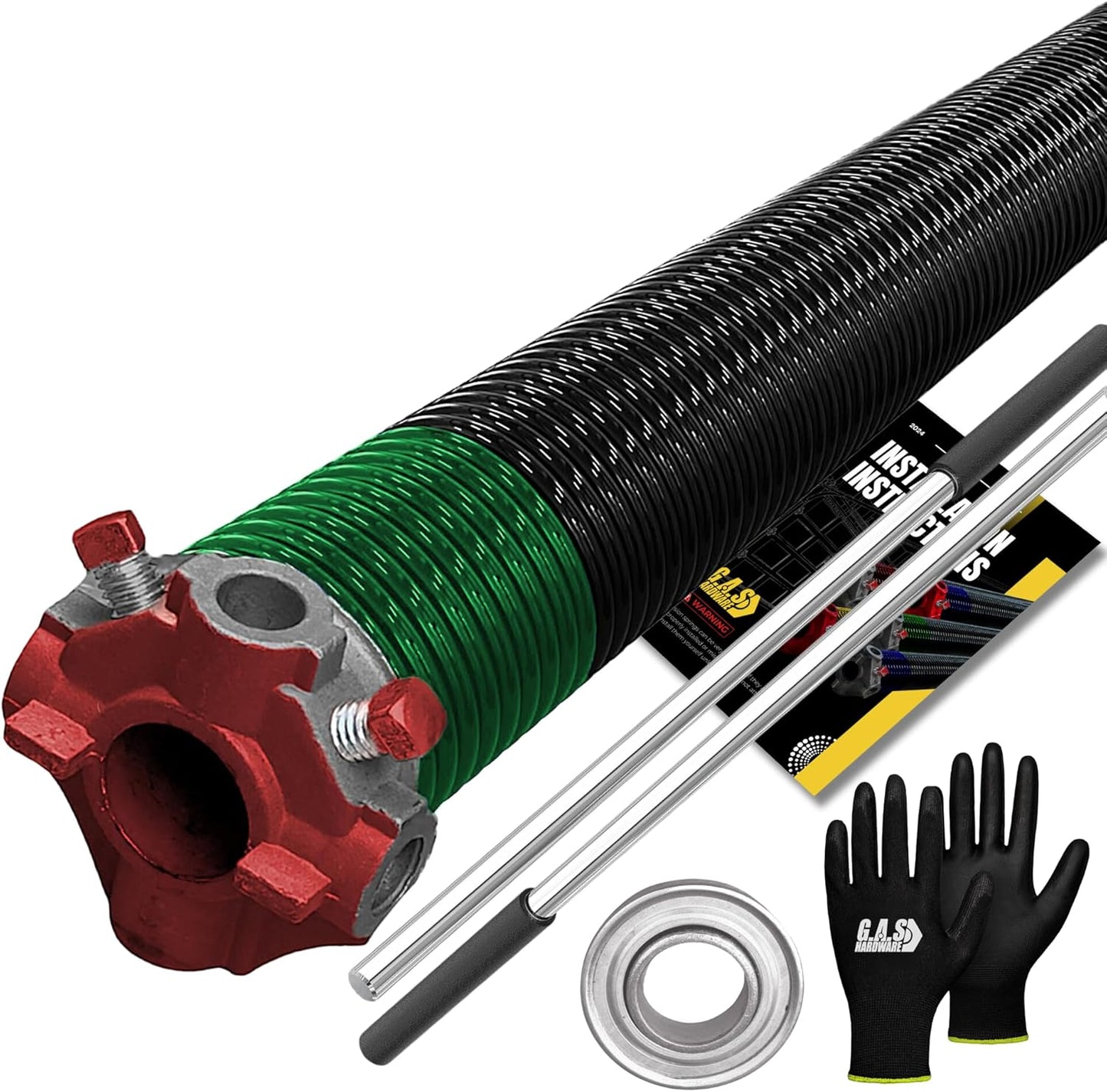 Garage Door Torsion Spring 243x1.75x38 Includes 1” Steel Bearing, Non-Slip Gloves, and Winding Bars for Left Side of Garage Door Precision E-Coating 5-Year Warranty Min. 30,000 Cycles (Red Cone)