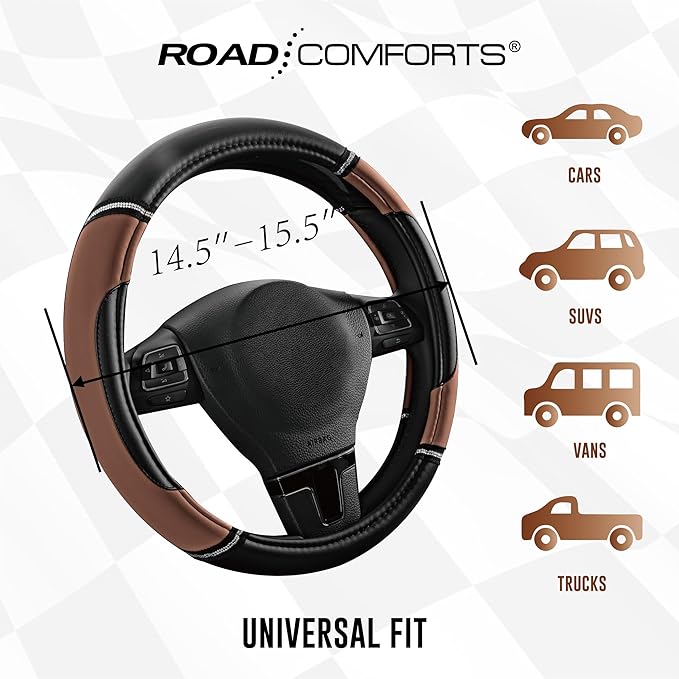 Road Comforts Leather Steering Wheel Cover - Made with PVC Leather - Anti-Slip, Universal Fit 14 1/2 inches to 15 inches - Brown
