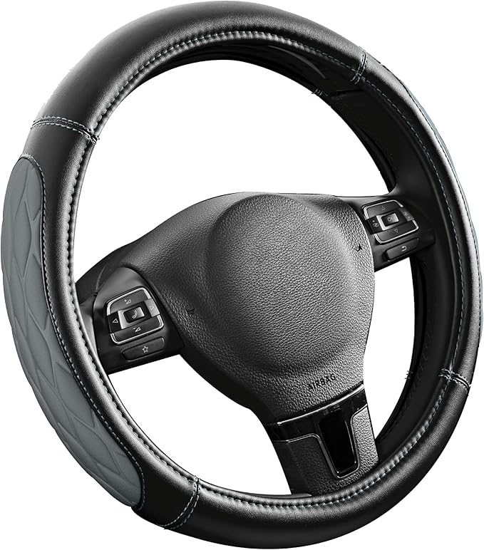 PIC AUTO Steering Wheel Cover, Gray Thick Rhombic Foam and Premium Leather, Universal 14.5-15.5 Inch Breathable Anti-Slip Steering Wheels Accessories for Men & Women