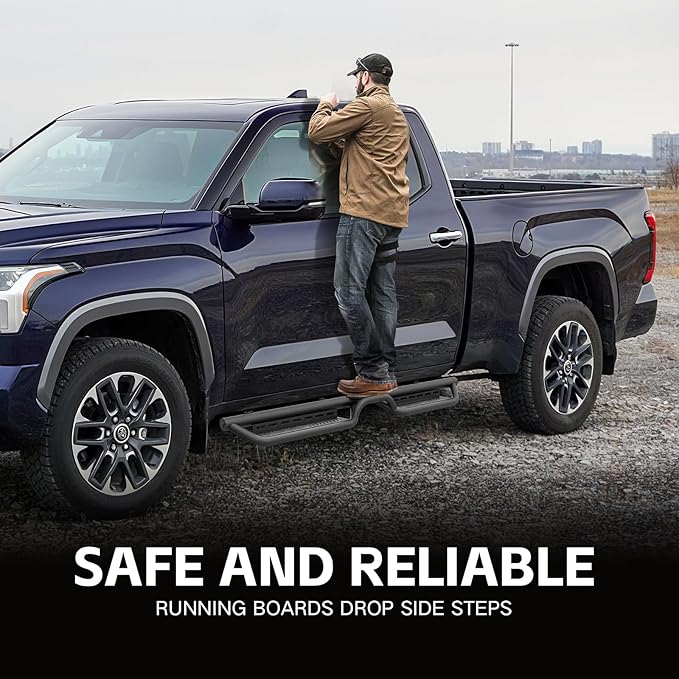Double Cab Running Boards Side Steps Compatible with 2022 2023 2024 2025 Toyota Tundra Extended Cab, Bolt-on Nerf Bar Step Bars, Two Stairs Design (Black Steel, Star Logo)