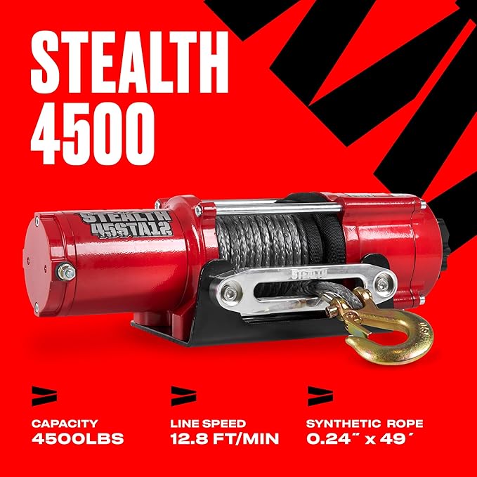 Stealth Winches 4500 lb 12V Electric Winch with Synthetic Rope & 2 Wireless Remote Kit for ATV UTV Jeep Truck Boat Trailer Car Towing Recovery, Heavy Duty Portable Off Road Winch with Mounting Plate