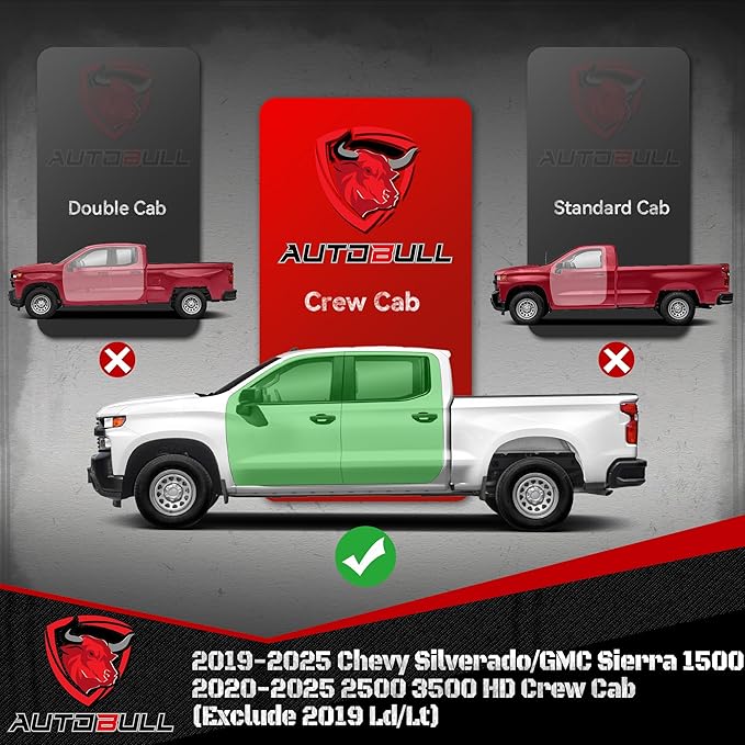 Crew Cab Running Boards Side Steps Compatible with 2019-2025 Chevy Silverado & GMC Sierra 1500 (Excl 2019 Ld/Lt), 2020-2025 2500 HD 3500 HD, Black Textured Aluminum Nerf Bars