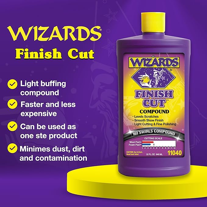 Wizards Finish Cut Compound - Levels Scratches and Brightens Dull Finishes - Easy Clean-Up for Automotive and Auto Paint Correction - Non-Greasy Water-Based Polish for a Smooth Show Finish - 32 oz