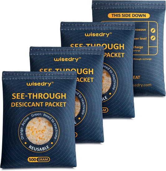 wisedry 4 x 500 Gram See-Through Silica Gel Car Dehumidifier Packets, Color-Indicating Desiccant Packs for Storage, Reusable Safe Dehumidifier, Heat Resistant Dehumidifier Bags