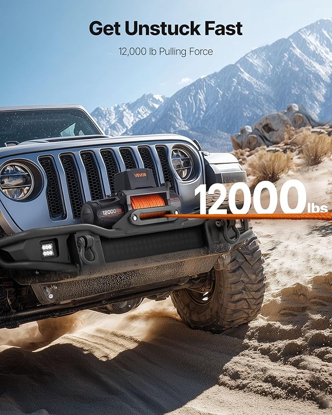 VEVOR Electric Winch, 12000 lbs Load Capacity, 12V DC Truck Winch with Φ3/8 in x 92 ft Synthetic Rope, Wireless & Wired Remote Control, IP67 Waterproof for Towing Off-Road SUV Jeep Trailer Boat