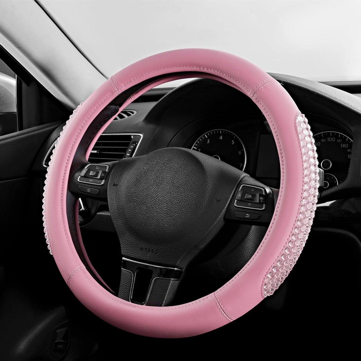 PIC AUTO Gel Particles Steering Wheel Cover, Pink Luxury Leather Car Steering Wheel Protector, Universal Fit 14.5"-15.5" Anti-Slip Car Interior Accessories for Girls & Women